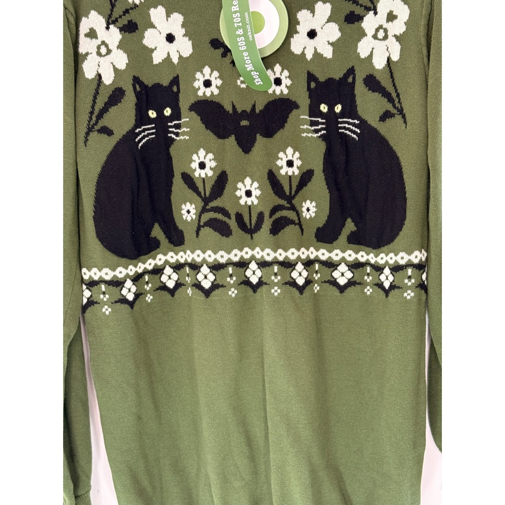 OXKNIT Halloween Sweater Women's Green Black Cat Floral Bat Knit Crewneck Large - Picture 2 of 12
